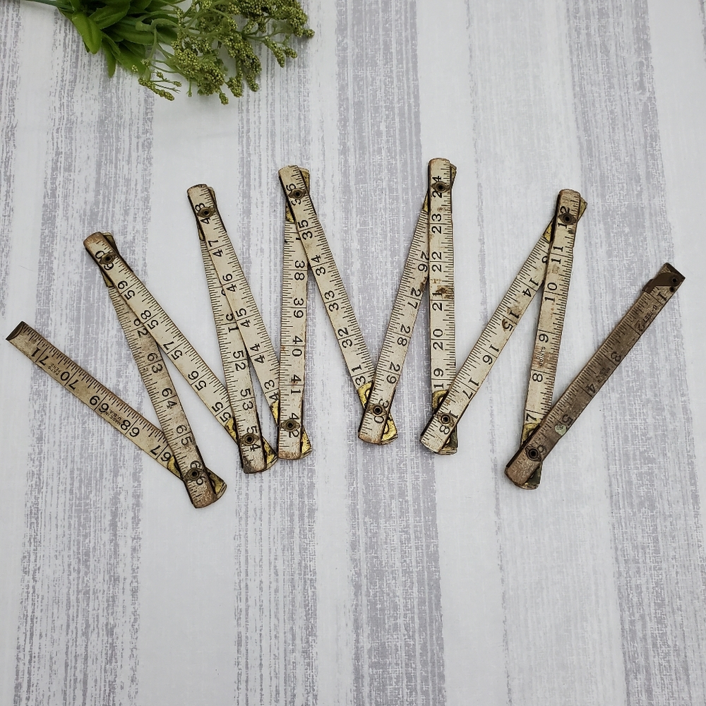 Vintage White 72" Wood Brass Folding Measuring Stick Ruler
